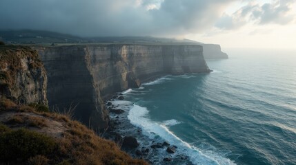 Misty dawn over Cape Ortegal Cliffs (shoreline), seen from a dramatic aerial view.