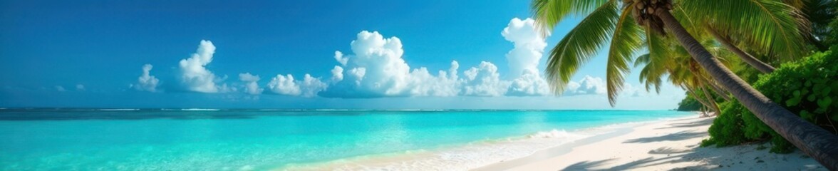 Sun-drenched beach, turquoise water, leaning palm trees, flora, photography