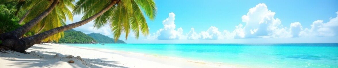Sun-drenched beach, turquoise water, leaning palm trees, summer, scenic, palm tree