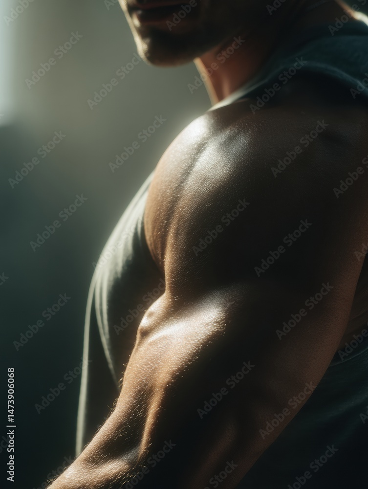 Poster close-up of biceps during workout session showcasing muscle definition in side lighting