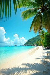 Sun-drenched beach, turquoise water, swaying palms, ocean, palm trees