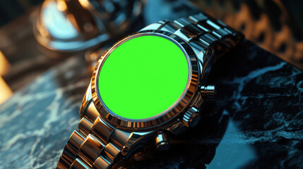 Luxury metal wristwatch green screen mockup on dark background