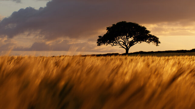 A lone tree in a gold flying field at sunrise, creating contrast and elicit a sense of prevision