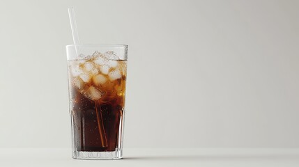 Refreshing iced cola drink in glass with straw cold beverage dark cool food life brown sweet fizzy
