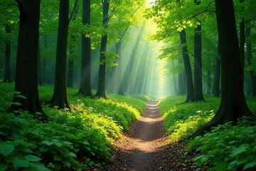 Naklejka premium A winding path through a lush green forest, sunlight dappling the leaves , winding, nature, shadow