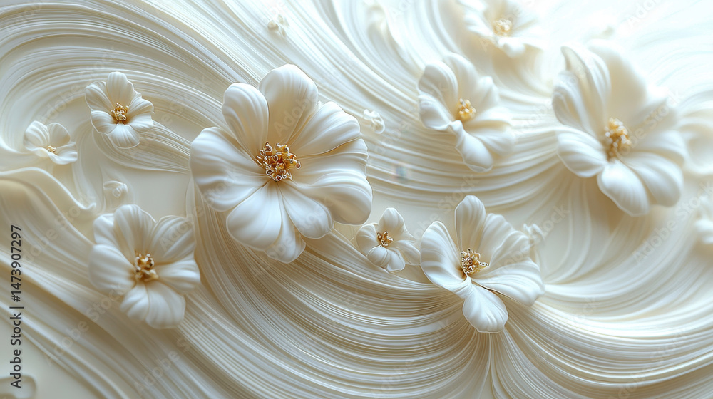 Aufkleber whical 3d background featu realistic white flower patterns flowing gracefully, creating a soft and e
