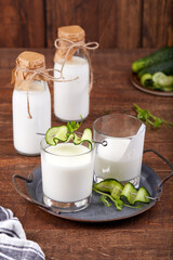 Kefir is a dietary fermented milk drink enriched with lactobacillus. Savory beverage. Dairy product.