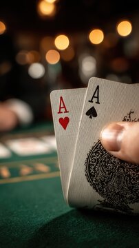 A hand with two aces above a poker table in a casino. A gambling card game.