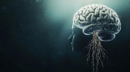 Obraz premium Floating brain with tangled roots in digital void, concept of cognitive overload