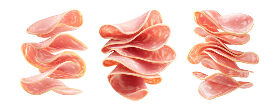 Set of Slices of cured meat Soppressata floating in a spiral arrangement isolated on white transparent background, showcasing freshness and food preparation concept
