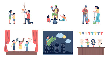 Puppet theater. Kids watch puppets show, outdoor seasonal entertainment for children. Artists with marionettes and dolls of hands, recent vector scenes