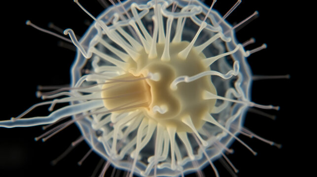 Stentor ciliate microorganism contracting into a ball, unicellular organism magnified 400 times through a microscope