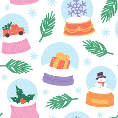 Snow globe seamless pattern. Christmas new year decorations, snowman, gift box with bow, snowflake. Holiday style fabric print, racy vector background