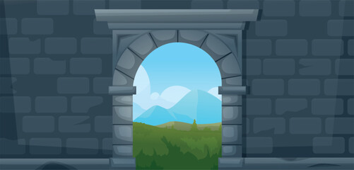 Ancient arch landscape. Stone wall and archway with view on green valley and mountain. Look out through castle gate, old style nowaday vector scene © LadadikArt