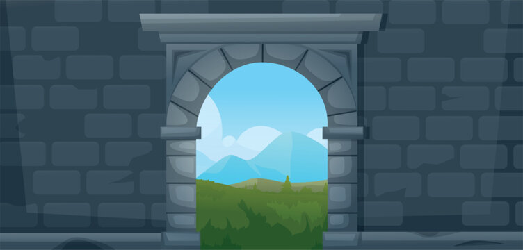 Ancient arch landscape. Stone wall and archway with view on green valley and mountain. Look out through castle gate, old style nowaday vector scene