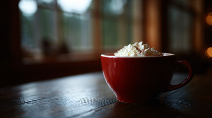 A cup of hot chocolate topped with whipped cream, sitting on a cozy wooden table in a winter cabin.