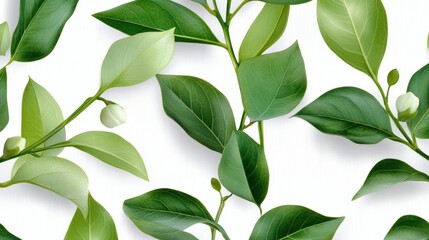 Fototapeta premium Seamless pattern of green leaves and wax flowers on white, fresh botanical wallpaper