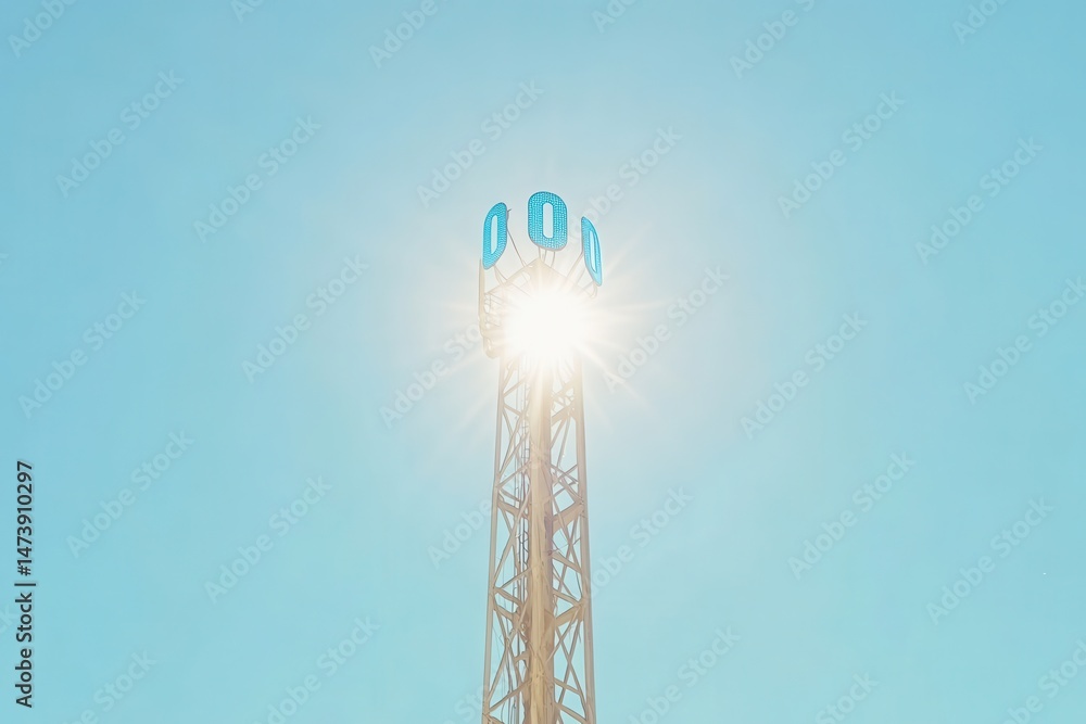 Poster a telecommunication tower standing tall against a clear blue sky. no additional objects or elements 