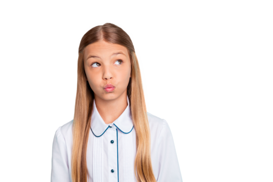 Close-up portrait of nice-looking attractive lovely girlish winsome charming pensive pre-teen girl pout lips isolated on bright vivid shine blue turquoise background - Powered by Adobe