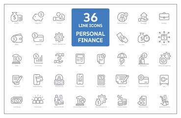 Personal Finance Icon Set Vector, budget tracker, savings jar, expense list, pie chart, cashflow icon, payment due, income chart, money target.