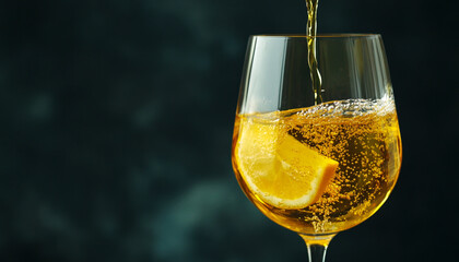 Pouring tasty aromatic wine in glass on dark background