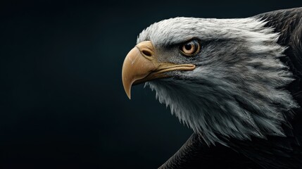 Fototapeta premium Eagle Portrait: A majestic bald eagle with piercing gaze and sharp beak, captured against a dark background in a dramatic, close-up portrait. The image evokes a sense of strength, freedom, and power.
