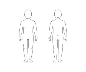 Body child line silhouette front and back view. Blank unisex children body template. Vector