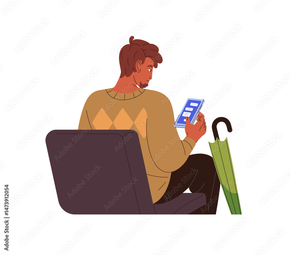 Poster man sits on seat and online communicates by chat in smartphone. person with phone in hands is textin