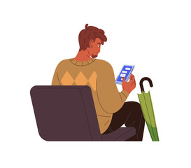 Man sits on seat and online communicates by chat in smartphone. Person with phone in hands is texting, answers messages in dialog back view. Flat isolated vector illustration on white background