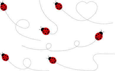 Cute ladybug icon set. ladybug characters collection. Flying cartoon ladybug with dotted path. Ladybugs flying on dotted route. Insects group illustration isolated on white.