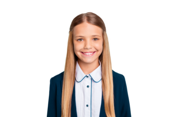 Close up photo beautiful amazing she her little lady pretty hairdress like studying school weekend vacation mood wear formalwear shirt blazer school form isolated bright teal turquoise background