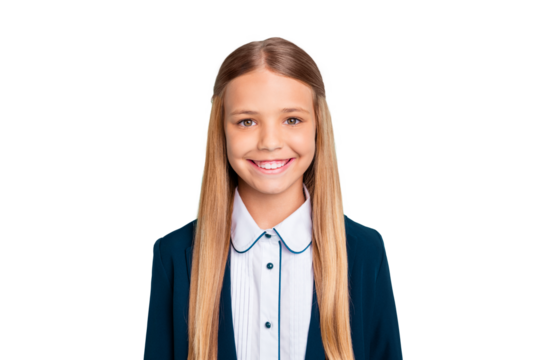 Close up photo beautiful amazing she her little lady pretty hairdress like studying school weekend vacation mood wear formalwear shirt blazer school form isolated bright teal turquoise background