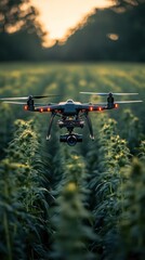 Drone over a field at sunset