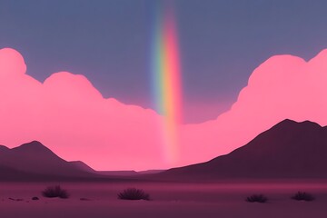 Pink Desert Landscape with Vibrant Rainbow at Sunset A Stunning Digital Art Illustration