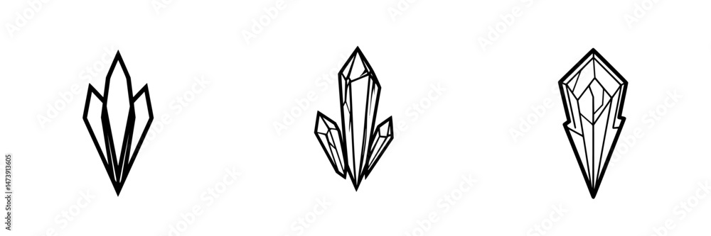 Poster stylized vector illustration of three distinct crystal shapes with sharp edges and geometric designs