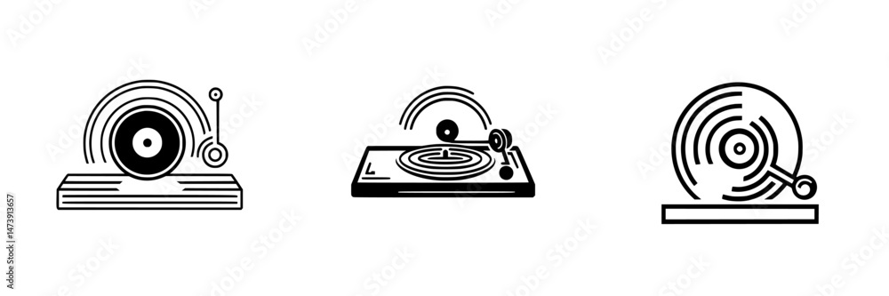 Poster vector illustration showing three different turntables designed in a minimalist style for music enth