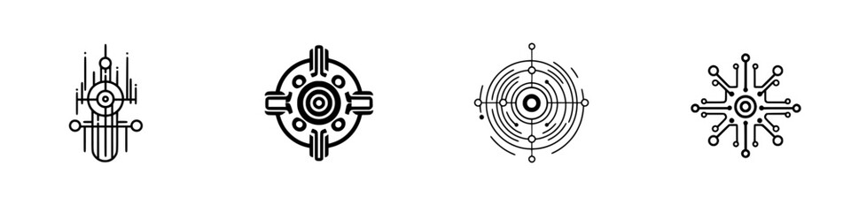 Vector illustration icons featuring geometric designs representing connectivity and technology created in a minimalist style
