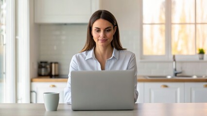 A woman working on a laptop in a bright, modern kitchen while enjoying a cup of coffee.