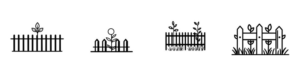 Vector illustration icons depicting various fence designs with plants and flowers in a garden setting