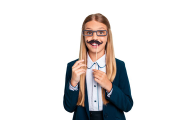 Close up photo beautiful she her little lady funky fake paper eyeglasses moustache like boy he him...