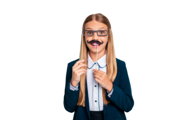Close up photo beautiful she her little lady funky fake paper eyeglasses moustache like boy he him 1 september party wear formalwear shirt blazer school form isolated bright teal turquoise background