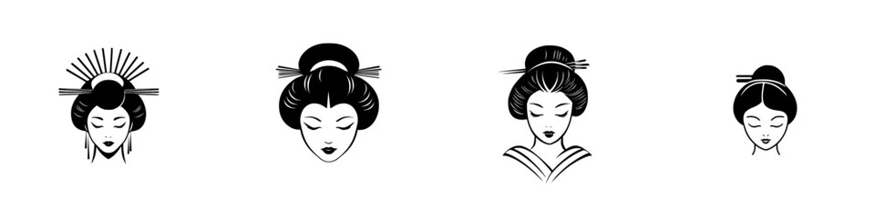 Vector illustration of traditional Japanese women with various hairstyles and accessories in a minimalist style
