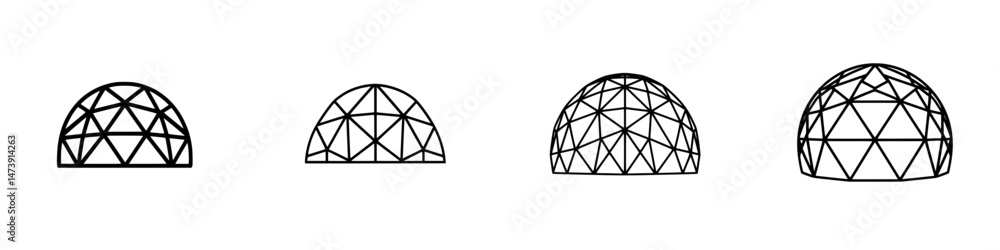 Poster vector illustration icons of geodesic dome structures in various stages of complexity on a white bac