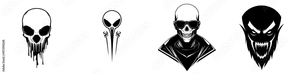 Poster vector illustration featuring various skull designs with distinct styles and expressions for graphic