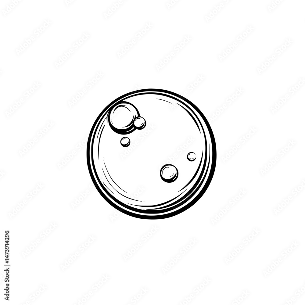 Poster vector illustration of a circular soap bubble resting on a solid surface with smaller bubbles attach