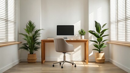 Fototapeta premium A modern, minimalistic home office featuring a desk, computer, and decorative plants in bright, natural light.
