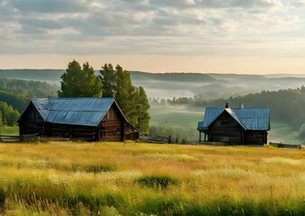 Fototapeta premium A village on the river bank