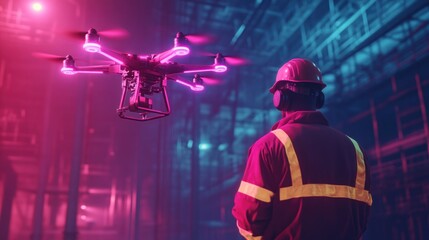 Obraz premium Industrial drone operation in a vibrant factory setting