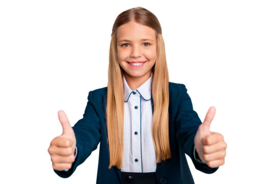 Close up photo beautiful she her little lady funky funny long hairdo hand arm thumb raised up approval quality news wear formalwear shirt blazer school form isolated bright teal turquoise background