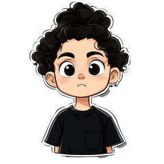 Fototapeta premium Cute cartoon character with curly hair, wearing black shirt, expressing thoughtful emotion